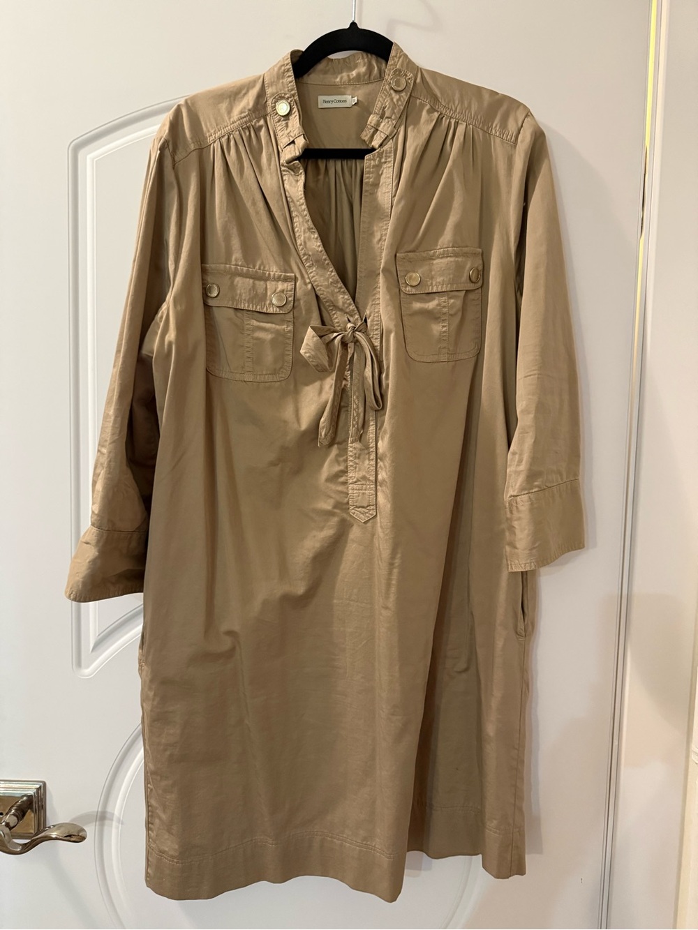 Henry Cotton's Beige Tie-Neck Utility Safari Shirt Dress Sz L